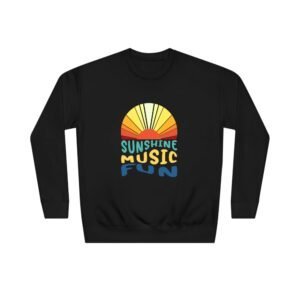 fb7cdcbb-40cc-45f1-9fdb-3697dfe9b665-300x300-1 - Personalized Gifts For All Occasions Gift Supplier Black crewneck sweatshirt featuring a colorful logo with a rising sun and the words 'Sunshine Music Fun'.