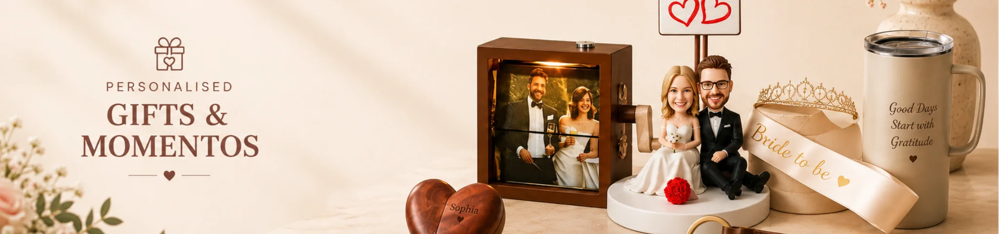 Wedding-themed display of personalized gifts: photo frame with a couple, bride-and-groom figurines, a heart keepsake, 'Bride to be' sash, and a mug with 'Good Days Start with Gratitude' text.