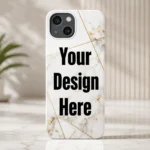 Phone case with white marble design and gold geometric accents that reads 'Your Design Here' in bold black text (mockup for customization).