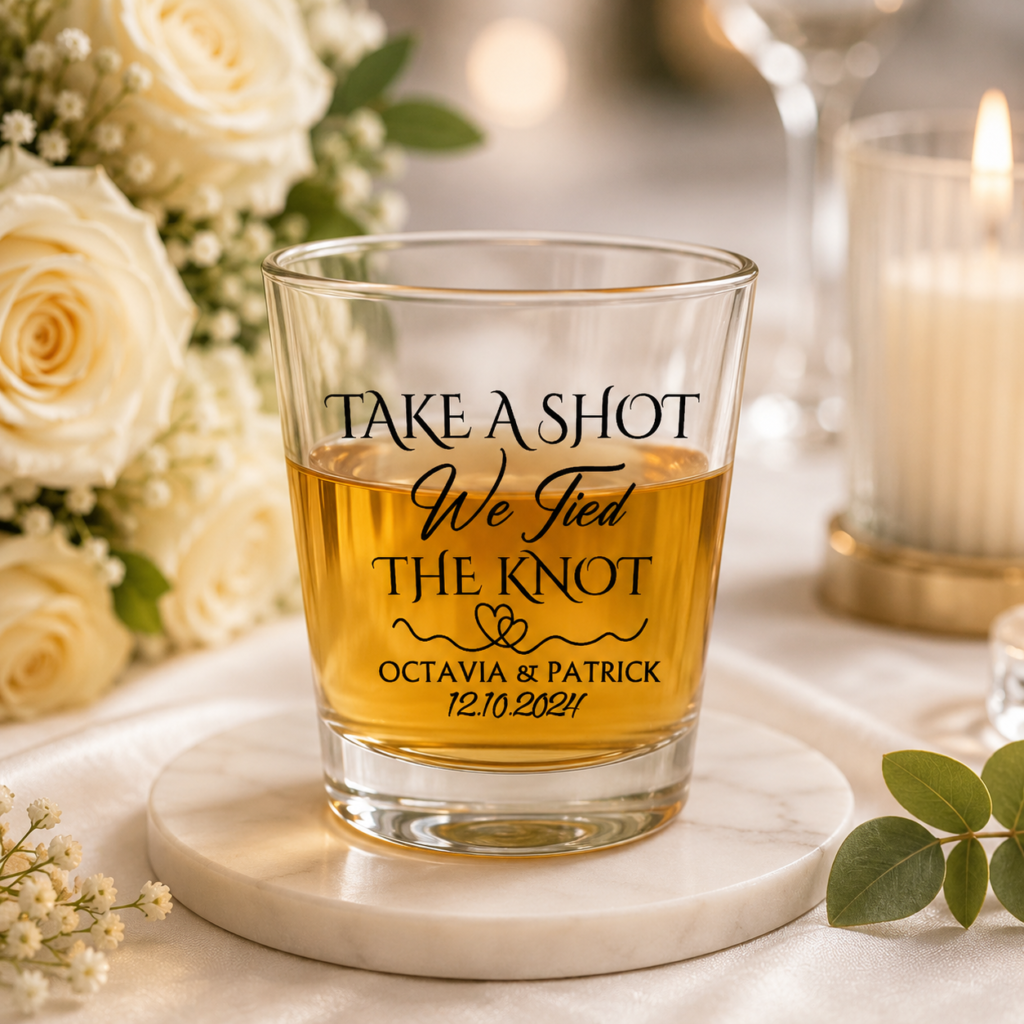Wedding favor glass engraved with 'Take a Shot We Tied the Knot' and the couple's names, Octavia & Patrick, date 12.10.2024, on a marble coaster with flowers and candles nearby.
