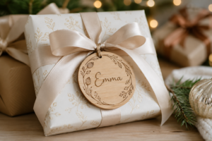 A personalised Christmas keepsake gift-wrapped with ribbon ready to place under the tree