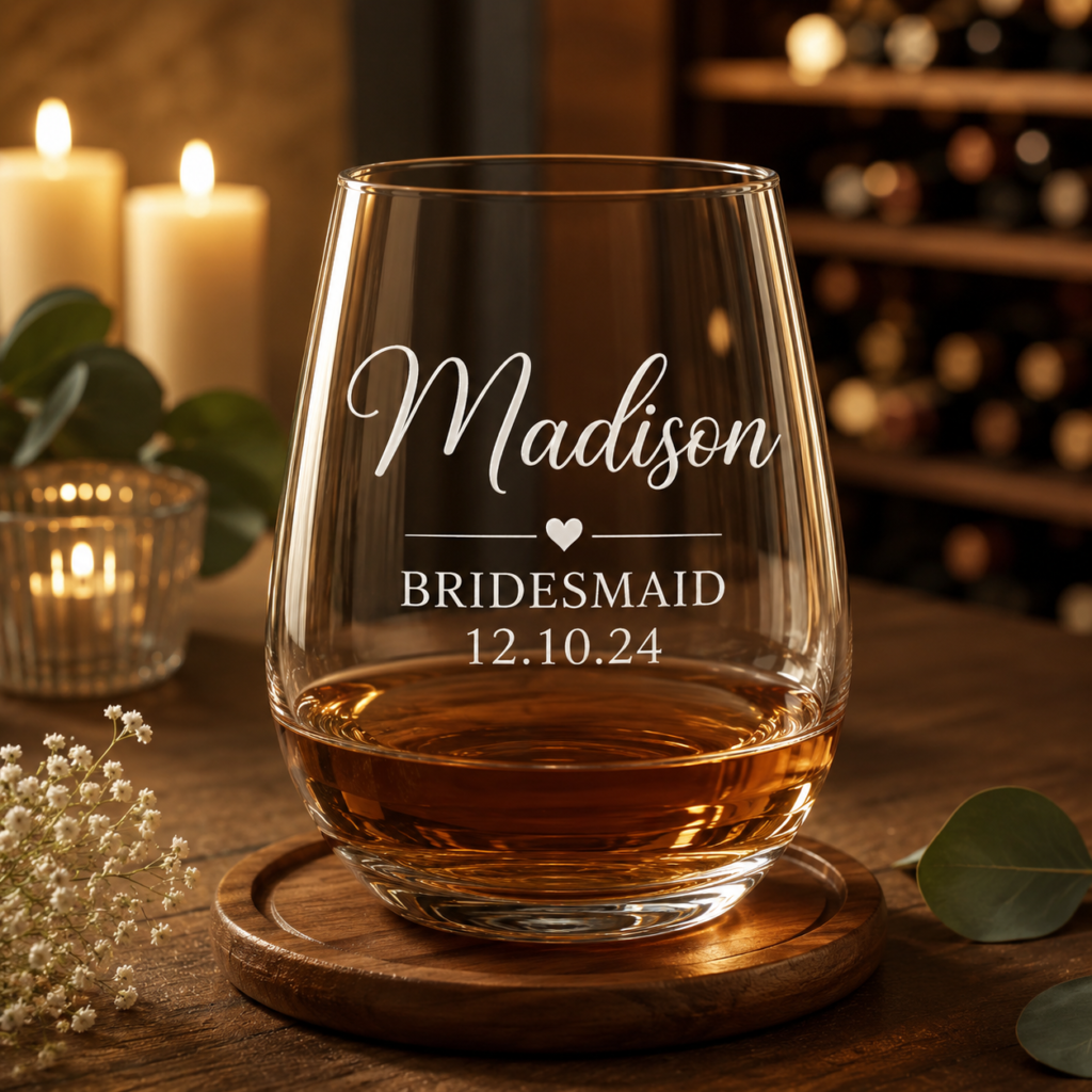 Glass of whiskey with engraved wedding text: Madison, bridesmaid, 12.10.24, on a wooden coaster in a warm-lit setting.