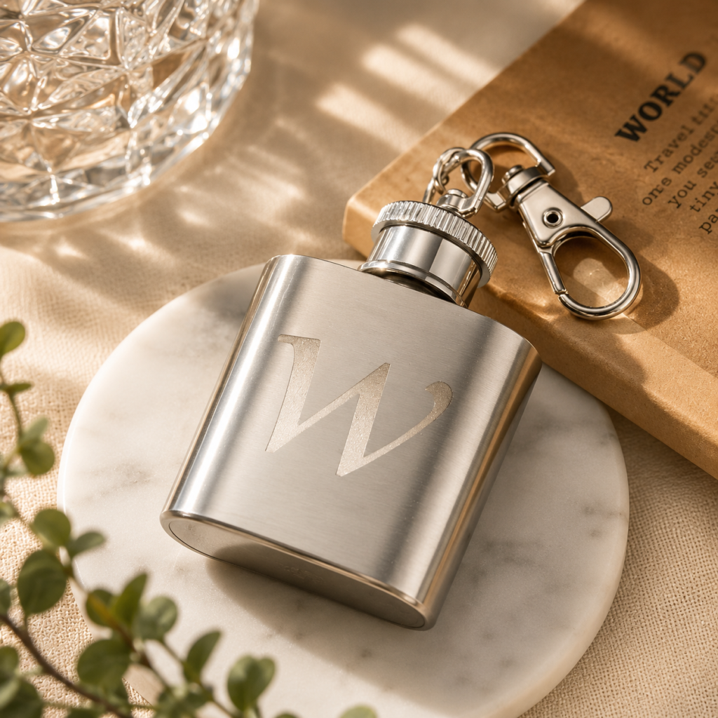 Stainless metal hip flask with a large engraved W, connected to a keychain, resting on a marble coaster beside a brown notebook.