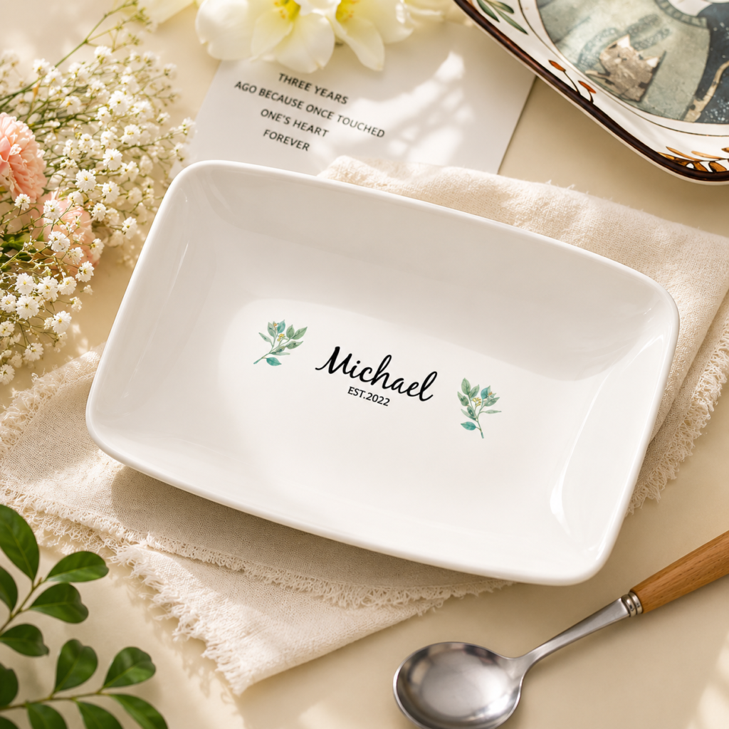 Personalized white ceramic plate with the name 'Michael' and 'EST. 2022' flanked by green leafy sprigs, on a beige napkin with flowers nearby