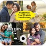 Personalized music photo plaque featuring four couple memories, custom photo collage with favorite song display, Love Story music player design with play controls and custom photo customization area.