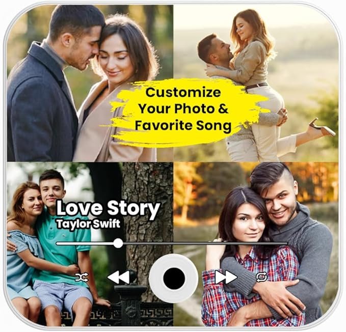 personalized music plaque - Personalized Gifts For All Occasions Gift Supplier Personalized music photo plaque featuring four couple memories, custom photo collage with favorite song display, Love Story music player design with play controls and custom photo customization area.
