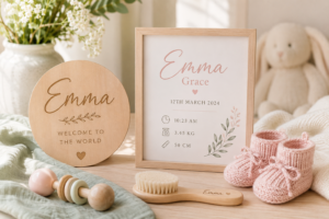personalised-new-baby-keepsakes-australia - Personalized Gifts For All Occasions Gift Supplier Personalised new baby keepsakes featuring a name and birth details in soft pastel tones