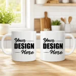 Two white mugs on a wooden table display the phrase 'Your DESIGN Here' in bold black lettering, suggesting customization in a bright kitchen setting.