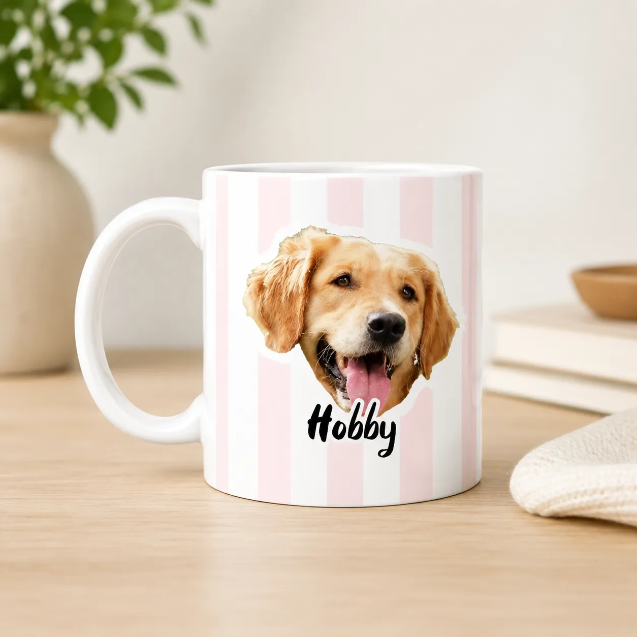 golden-retriever-custom-name-coffee-mug - Personalized Gifts For All Occasions Gift Supplier Mug with pink vertical stripes featuring a happy golden retriever head and the name 'Hobby' beneath it