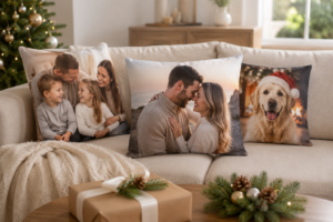 personalised-birthday-christmas-cushion-gifts-australia - Personalized Gifts For All Occasions Gift Supplier Personalised photo cushions for birthdays and Christmas displayed on a cosy sofa with family, couple and pet images.