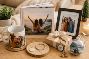 personalised-birthday-going-away-christmas-gifts-for-friends - Personalized Gifts For All Occasions Gift Supplier Personalised friend gift display with photo book, mug, photo frame and wrapped gifts for birthdays and Christmas.
