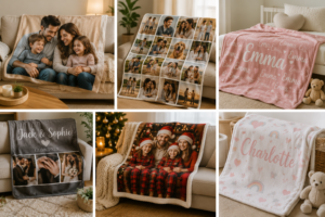 Personalised photo, collage, name, couple and Christmas blankets displayed in cosy home settings for Australian gift occasions.
