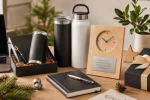 personalised-corporate-christmas-gifts-australia-drinkware-keepsake - Personalized Gifts For All Occasions Gift Supplier Personalised corporate Christmas gifts including drinkware and an engraved keepsake on a desk