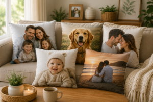 personalised-cushion-gifts-australia - Personalized Gifts For All Occasions Gift Supplier Personalised photo cushions with family, baby, couple and pet images displayed on a cosy living room sofa.