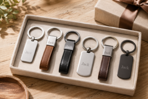 A collection of personalised engraved keyrings in metal and leather on a timber surface