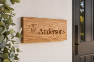 A personalised family name sign on timber displayed near a front entry as a housewarming gift