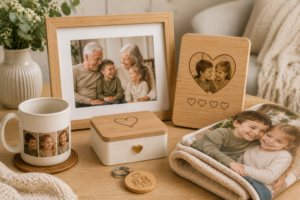 personalised-gifts-for-grandparents-australia - Personalized Gifts For All Occasions Gift Supplier Personalised grandparent gift display with family photo frame, photo mug, keepsake box, blanket and keyring.