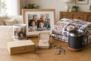 personalised-gifts-for-grandparents-photo-keepsakes - Personalized Gifts For All Occasions Gift Supplier Personalised grandparent gift display with family photo frame, photo mug, photo blanket, jewellery, keyring and drinkware.