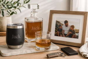 A selection of personalised gifts for him including engraved drinkware and a framed photo print