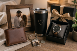 Personalised husband gift display with wallet, travel tumbler, watch, photo frame and keyring.