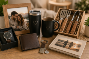 Personalised husband gift display with engraved drinkware, wallet, watch, BBQ tools, keyring and photo book.