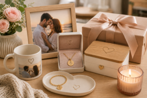 Personalised wife gift display with jewellery, photo mug, keepsake box, candle and wrapped gift.