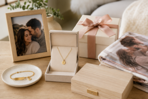 Personalised wife gift display with jewellery, photo frame, photo blanket, keepsake box and wrapped gift.