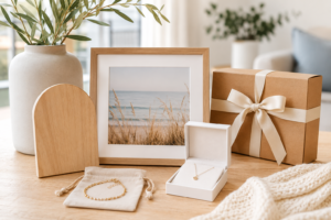 Personalised gifts with jewellery, photo frame and wrapped parcel ready for delivery to Sydney.