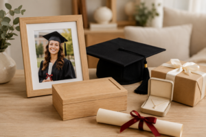 Personalised graduation gift arrangement with photo frame, keepsake box, jewellery, cap and diploma.
