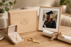Personalised graduation keepsake display with jewellery, photo frame, keyring and rolled diploma