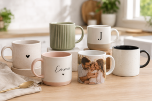 A range of personalised mugs including a photo mug and name mug on a kitchen bench
