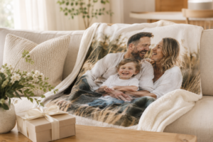 Personalised photo blanket with family image draped over a cosy sofa in a warm Australian home setting.