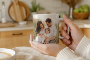 A personalised photo mug with a family photo held in both hands over a warm kitchen setting