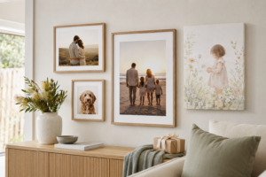 Personalised wall art with family photo prints, pet portrait and custom name-style canvas displayed in a warm home setting.