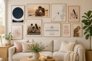 Personalised wall art gallery with photo canvas, family name print, custom map, star map and quote prints in a cosy home.