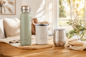 Personalised drinkware including a custom water bottle, travel mug and engraved tumbler